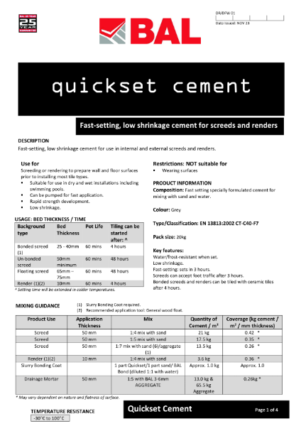 BAL Quickset Cement Technical Datasheet