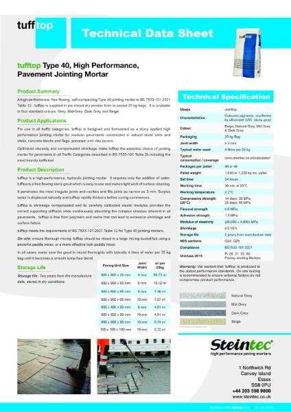 Technical Data - tufftop Type 40 Pavement Jointing Mortar