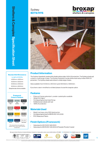 Sydney Specification Sheet