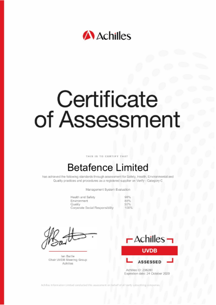 Betafence Achilles Audit Certificate