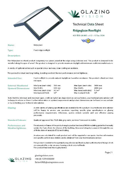 Ridgeglaze Rooflight Technical Data Sheet