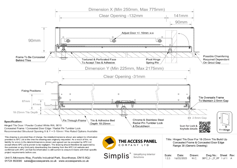 Fully Concealed Hinged Tile Door for Tiles 18-25mm Thick Generic Technical Drawing