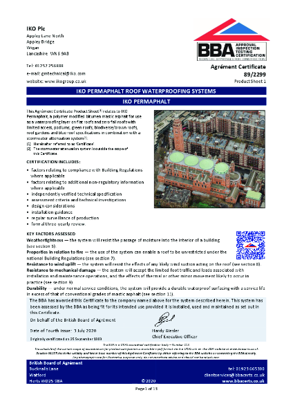BBA Certificate - IKO Permaphalt Roof Waterproofing Systems