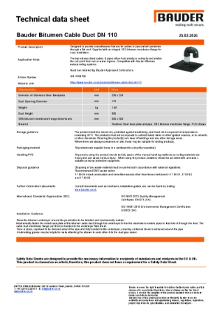 Bauder Bitumen Cable Duct DN 110 - Technical Data Sheet