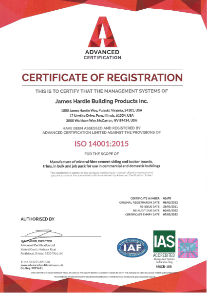ISO 14001 Certificate for Fibre Cement Products