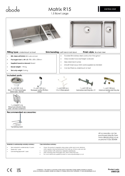 AW5125. Matrix R15 Stainless Steel Sink, One and a Half Large Bowl (LH Main) - Consumer Specification