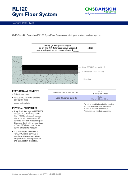 CMS Danskin Acoustics Gym Floor System RL120 – Product Data Sheet