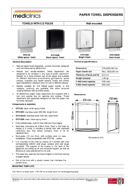 Paper Towel Dispenser Spec Sheet - Mediclinics Paper Towel Dispenser with CZ Folds DT2106_B_C_CS