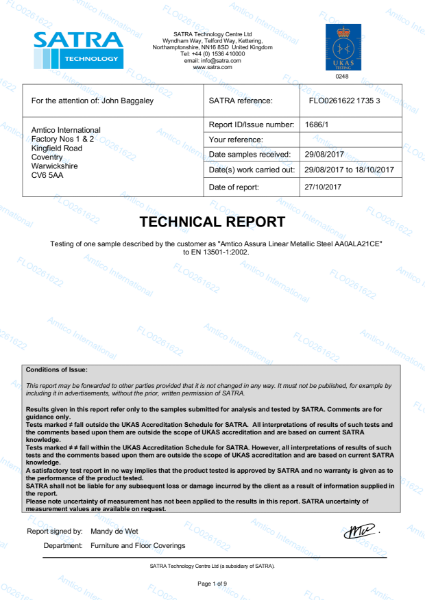 EN 13501-1:2002 Certificate (Amtico Assura)