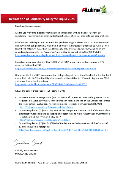 Aluzyme Biolocical Liquid Declaration of Conformity 2025