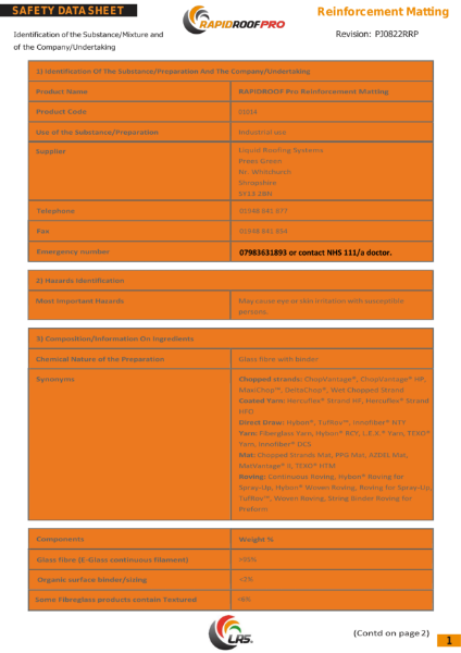 MSDS - RapidRoof Pro - Reinforcement Matting