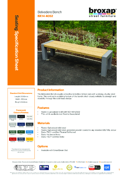 Belvedere Smart Bench Specification Sheet