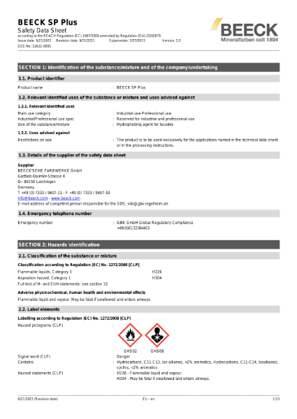 Beeck SP Plus - Safety Data Sheet