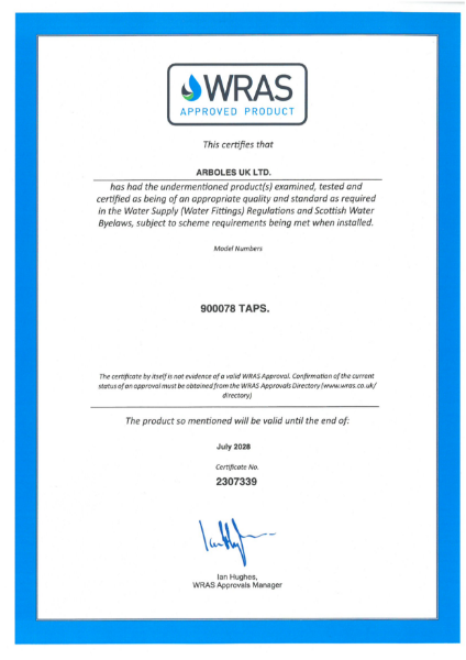 Arboles UK - WRAS Certificate - 900078 - July 2028