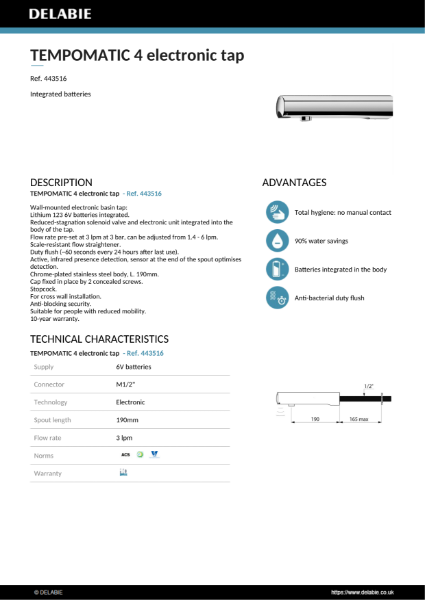 TEMPOMATIC 4 electronic tap Data Sheet – 443516