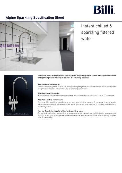 Billi Alpine Sparkling - Filtered Water System - Data Sheet