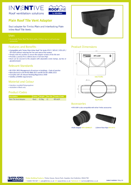 Timloc Building Products Plain Roof Tile Vent Adapter Datasheet