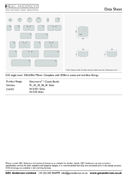GEC Anderson Data Sheet - G33 Single Bowl