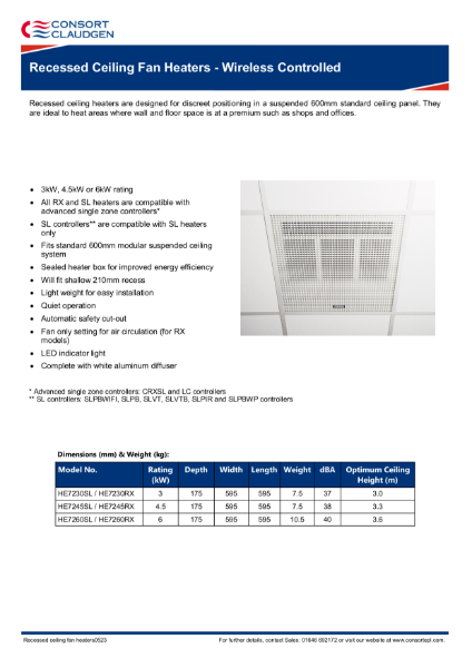 SL Recessed Ceiling Fan Heater data sheet