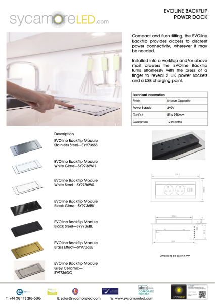 Specification Sheet for Evoline Backflip Power Dock