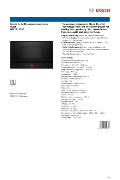 Series 8, Built-in microwave oven, Black BFL7221B1B