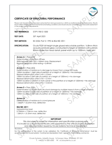 ST/P119810-1000 - Structural Performance - 16.8mm Acoustic Laminate Glass 80mm Head Channel 3500mm