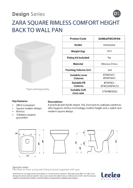 Zara Back-to-Wall Comfort Height Rimless WC Pan