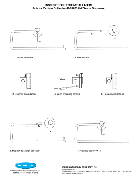 Instructions for Installation - Bobrick Cubicle Collection B-548 Toilet Tissue Dispenser
