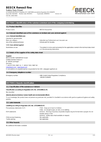 Beeck Renosil Fine - Safety Data Sheet