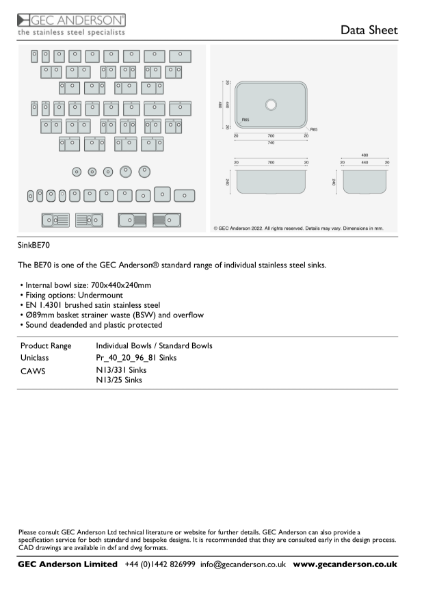 GEC Anderson Data Sheet - Sink Bowl: BE70