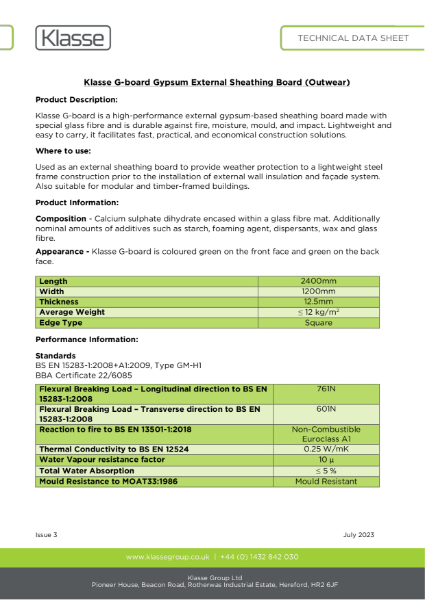 Klasse G-board Gypsum External Sheathing Board (Outwear) TDS | Klasse ...