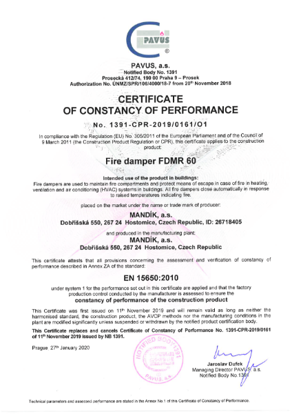 Certificate of constancy of performance