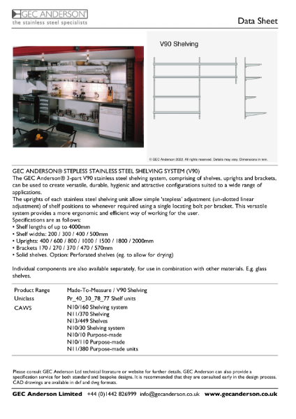 GEC Anderson Data Sheet - V90 Shelving