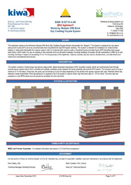 Wetherby KIWA BDA Certification for High Density EPS and Brick Slips