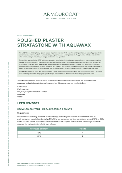 Armourcoat Polished Plaster Stratastone - LEED Statement