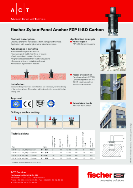 fischer Zykon-Panel Anchor FZP II-SO Carbon datasheet