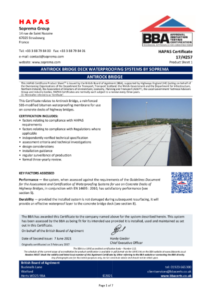 Antirock Bridge - A reinforced SBS-modified bitumen waterproofing membrane for use on concrete decks of highway bridges.