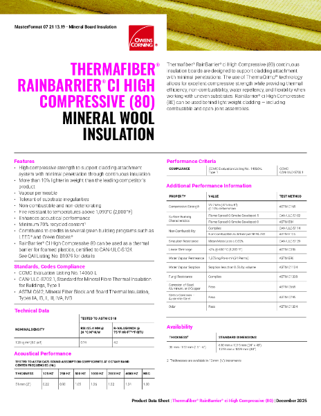 Thermafiber RainBarrier CI High Compressive (80) Mineral Wool Insulation Data Sheet