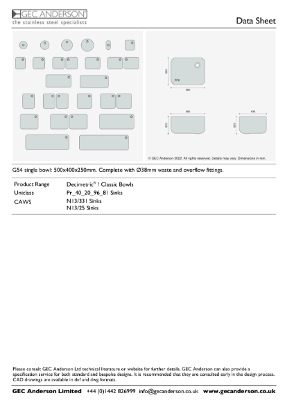 GEC Anderson Data Sheet - G54 Single Bowl