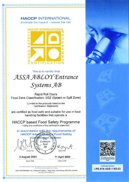 HACCP Certification for Rapid Roll Doors