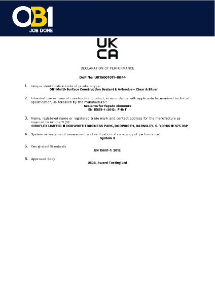 OB1 Hybrid Sealant & Adhesive DoP Clear & Silver