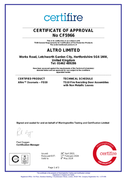 Altro Whiterock Doorsets FD30 Fire Certificate