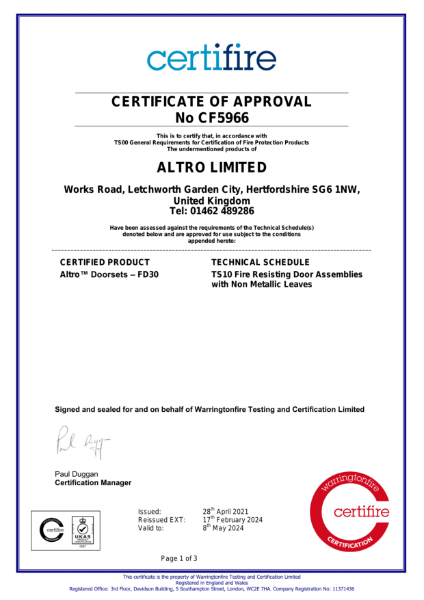 Altro Whiterock Doorsets Fire Certificate