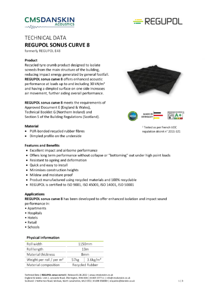 REGUPOL SONUS CURVE 8 - Technical Data Sheet