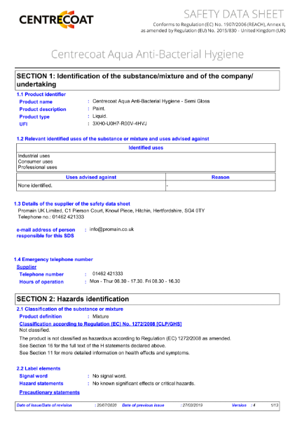 Centrecoat Aqua Anti-Bacterial Hygiene - Safety Data Sheet (Semi Gloss)
