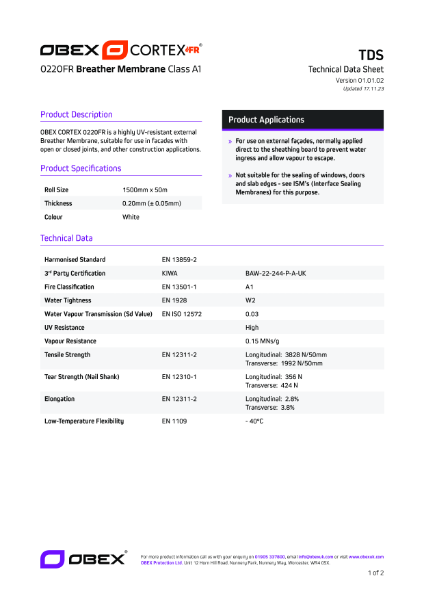 OBEX CORTEX 0220FR Class A1 Breather Membrane W2 - TDS