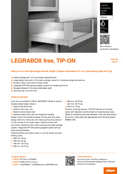 LEGRABOX free TIP-ON C Height Inner Pull-out with High Design Element Specification Text