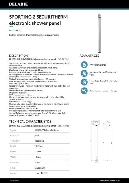 SPORTING 2 SECURITHERM electronic shower panel Data Sheet - 714916