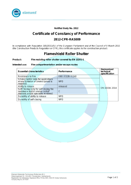 Certificate of Constancy of Performance CE Marked Fire Shutters E60-E240