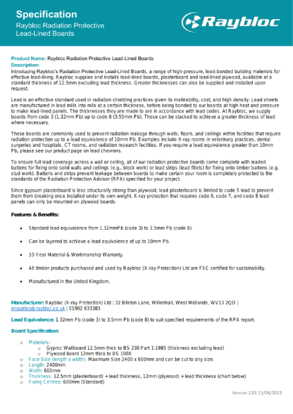 Raybloc Radiation Protective Lead-Lined Board - Specification